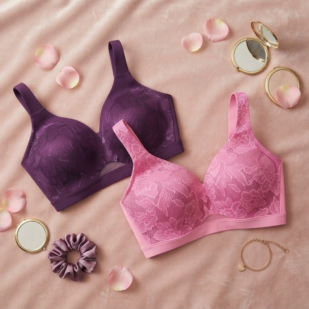 Cacique Wireless Lace Bras 2 Pack Purple Pink Floral Shimmer 38DDD
